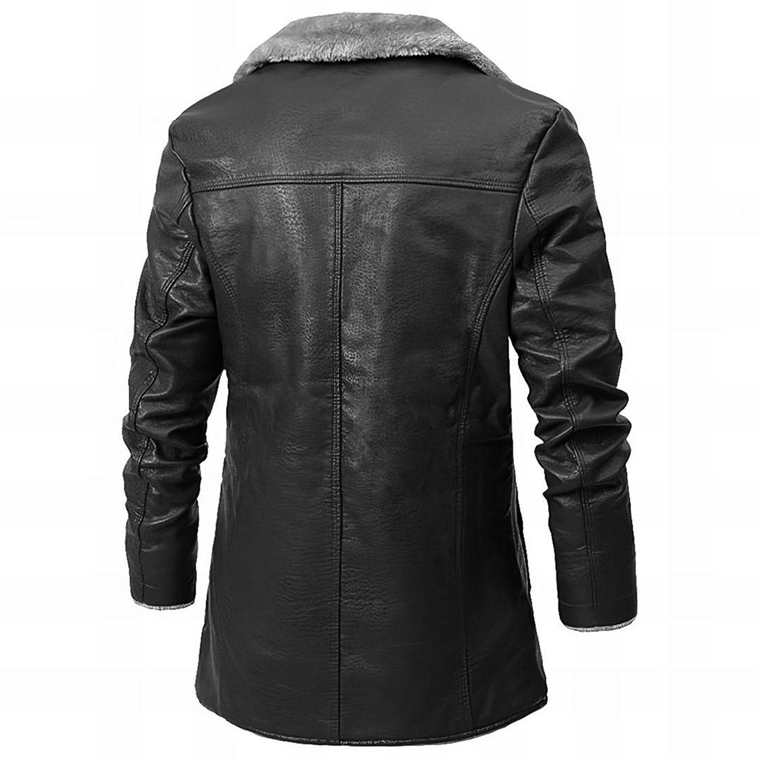 back side of men's black leather jacket with sherpa lining