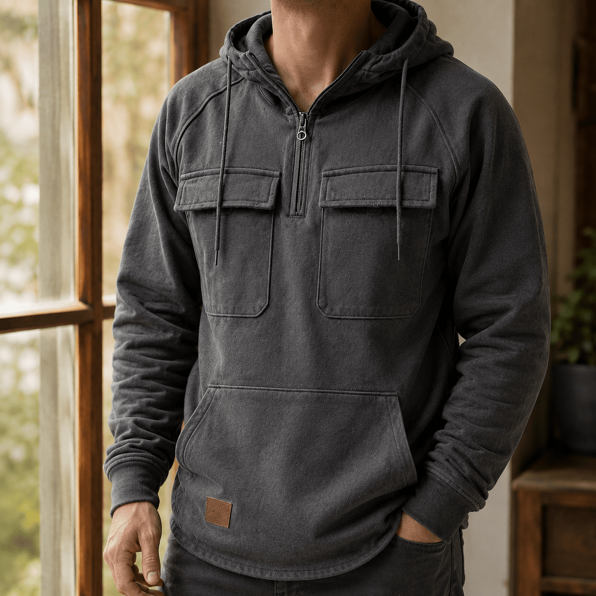 Cotton Blend Half Zip Utility Hoodie - Harren Cole