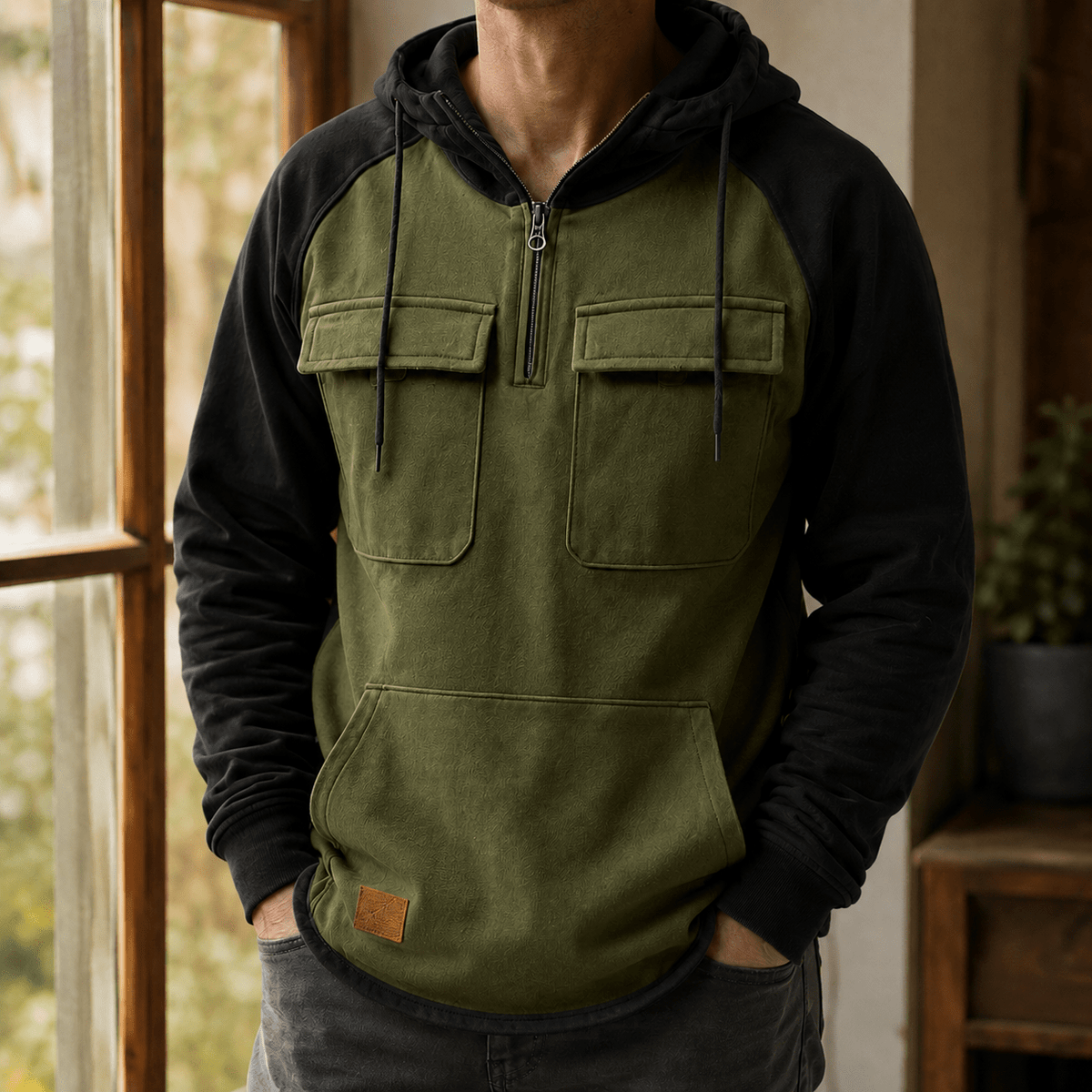 Cotton Blend Half Zip Utility Hoodie - Harren Cole