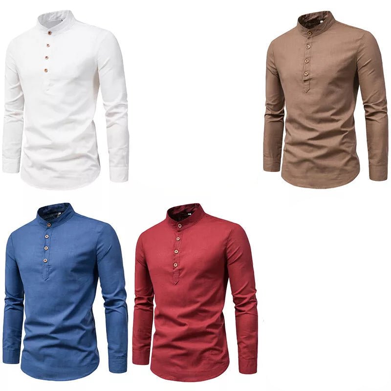 Elegant Linen Shirt with Stand - Up Collar - Harren Cole