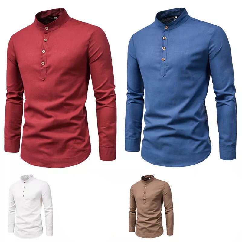 Elegant Linen Shirt with Stand - Up Collar - Harren Cole