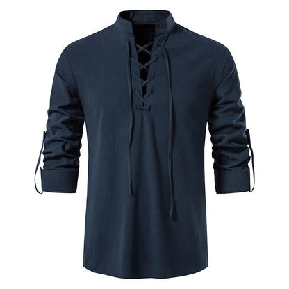 Lace - Up Shirt with Stand - Up Collar - Harren Cole