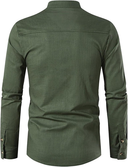 Lightweight Linen Shirt with Stand - Up Collar for Men - Harren Cole