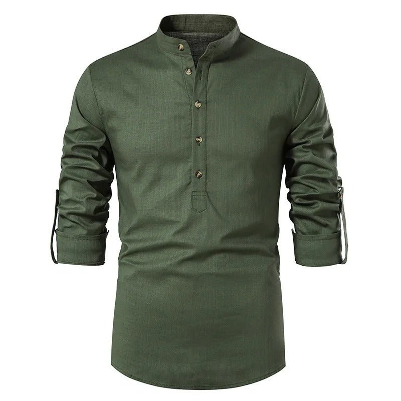 Lightweight Linen Shirt with Stand - Up Collar for Men - Harren Cole