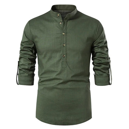 Lightweight Linen Shirt with Stand - Up Collar for Men - Harren Cole