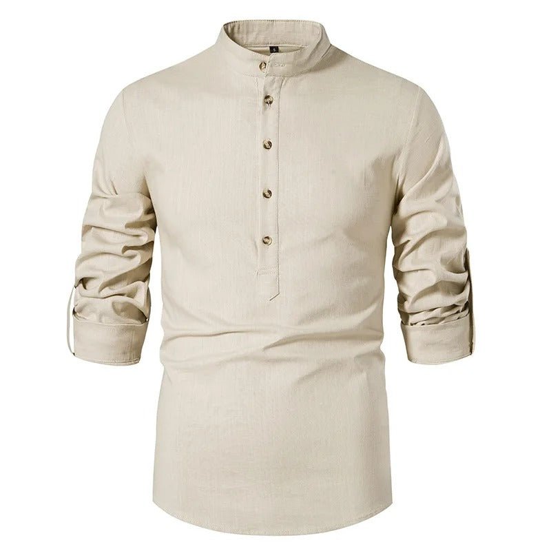 Lightweight Linen Shirt with Stand - Up Collar for Men - Harren Cole