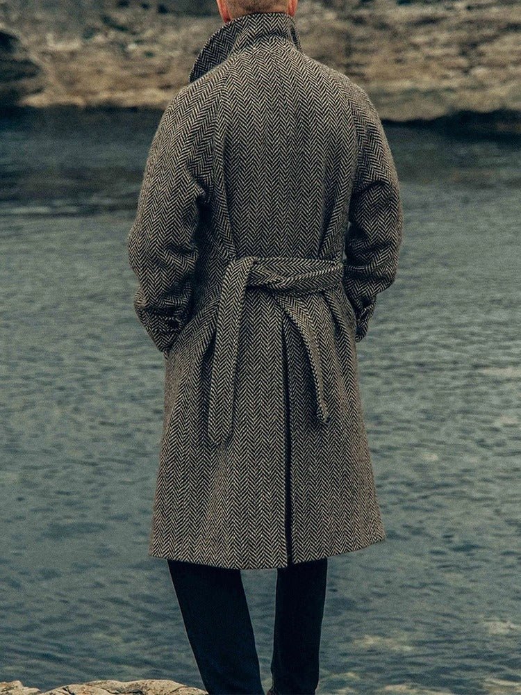 Long Herringbone Pattern Wool Blend Coat - Harren Cole
