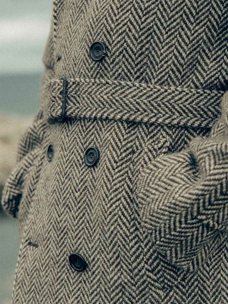 Long Herringbone Pattern Wool Blend Coat - Harren Cole