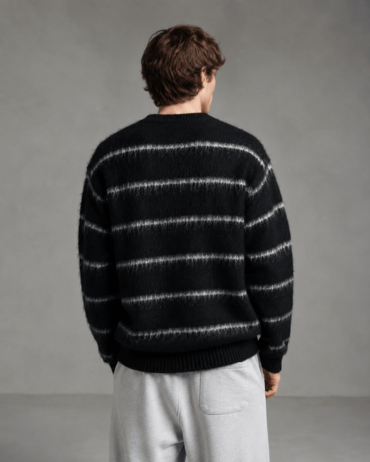 Men's Fuzzy Striped Knit Sweater Black Off White - Harren Cole