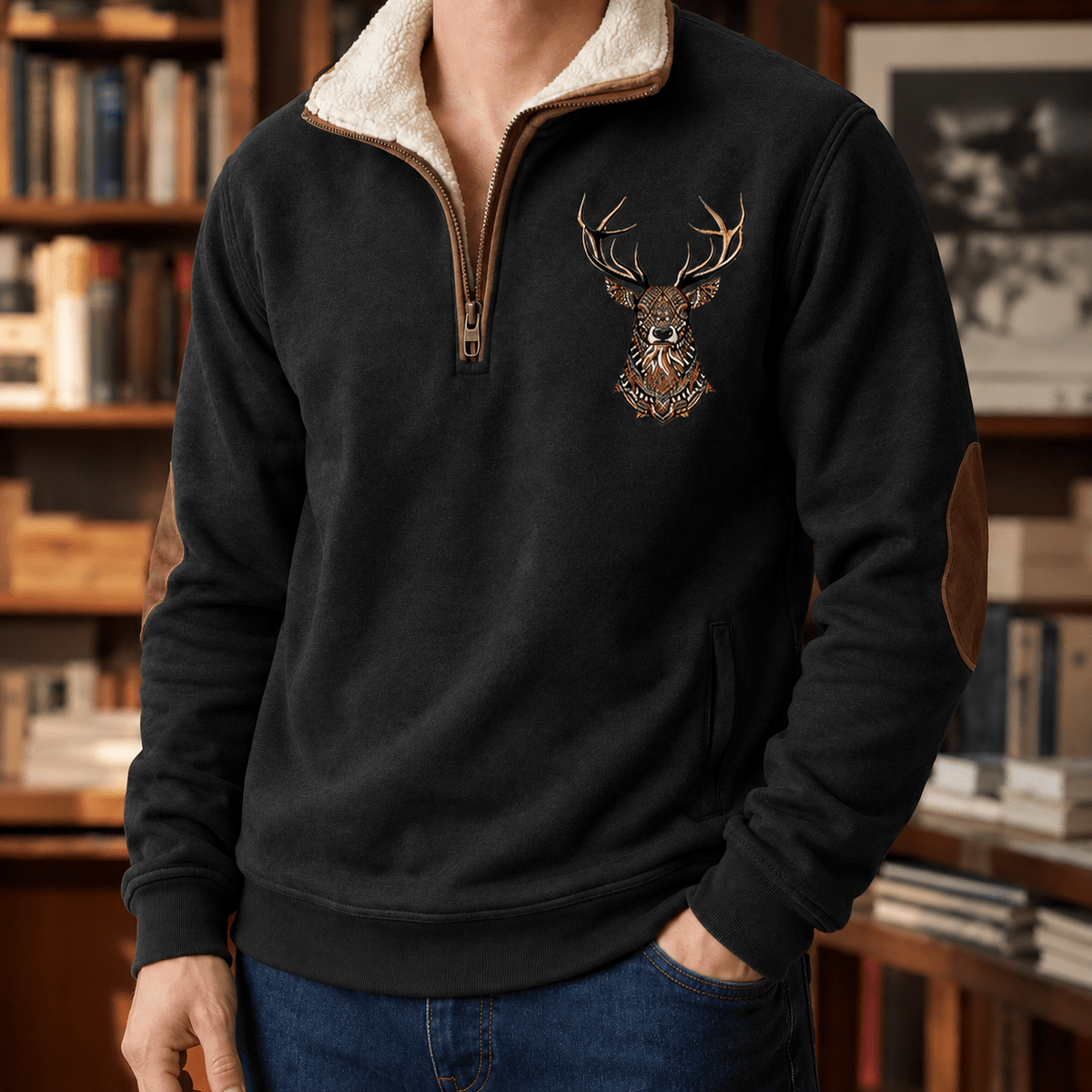 Quarter Zip Knit Sweater With Deer Motif - Harren Cole