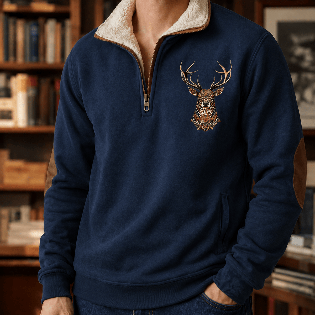 Quarter Zip Knit Sweater With Deer Motif - Harren Cole