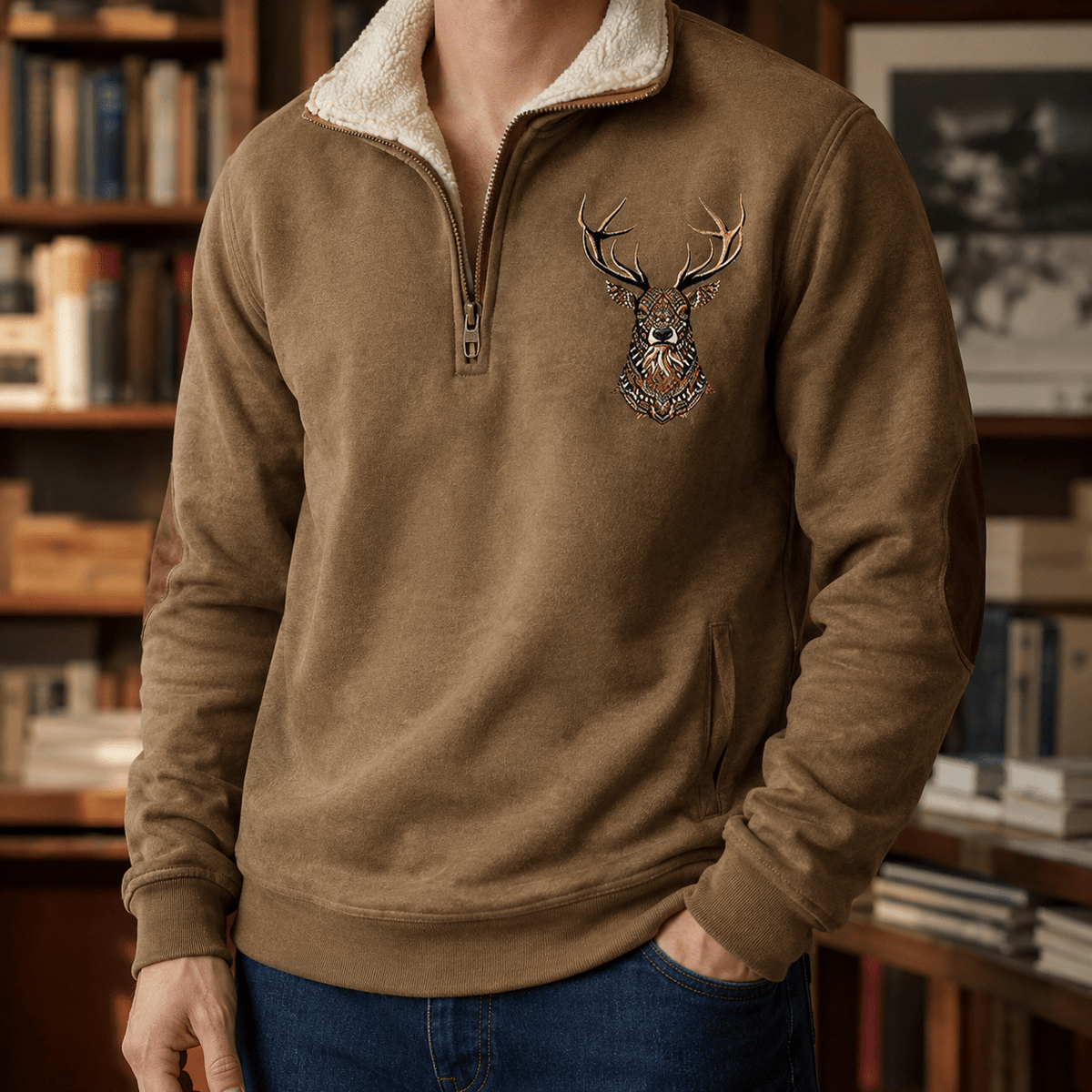 Quarter Zip Knit Sweater With Deer Motif - Harren Cole