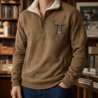 Quarter Zip Knit Sweater With Deer Motif - Harren Cole