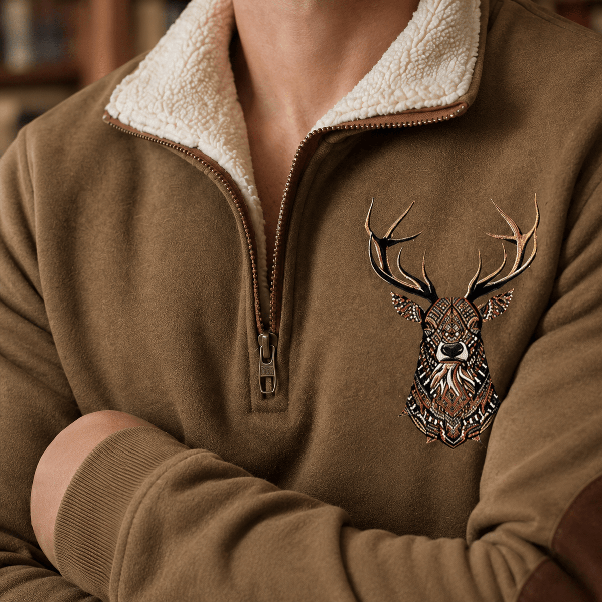 Quarter Zip Knit Sweater With Deer Motif - Harren Cole