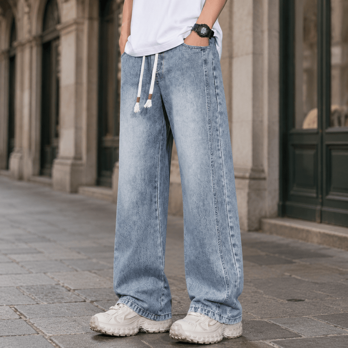 Relaxed Wide-Leg Cotton Blend Jeans - Harren Cole