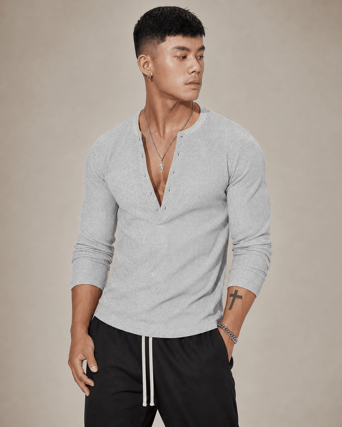 Ribbed Knit Long Sleeve Half Button Top - Harren Cole