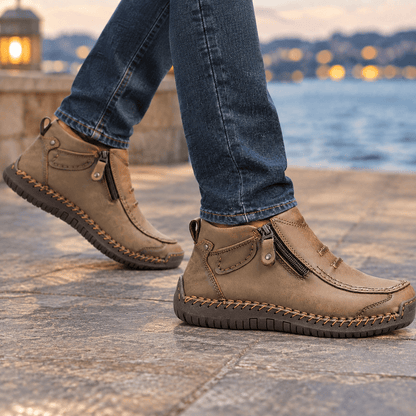 Textured Moc Toe Ankle Boots With Side Zips - Harren Cole
