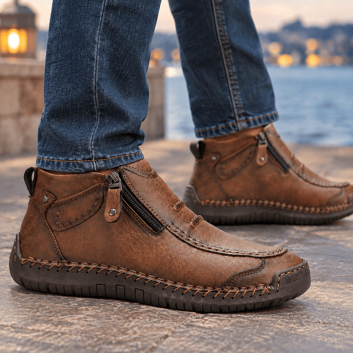 Textured Moc Toe Ankle Boots With Side Zips - Harren Cole