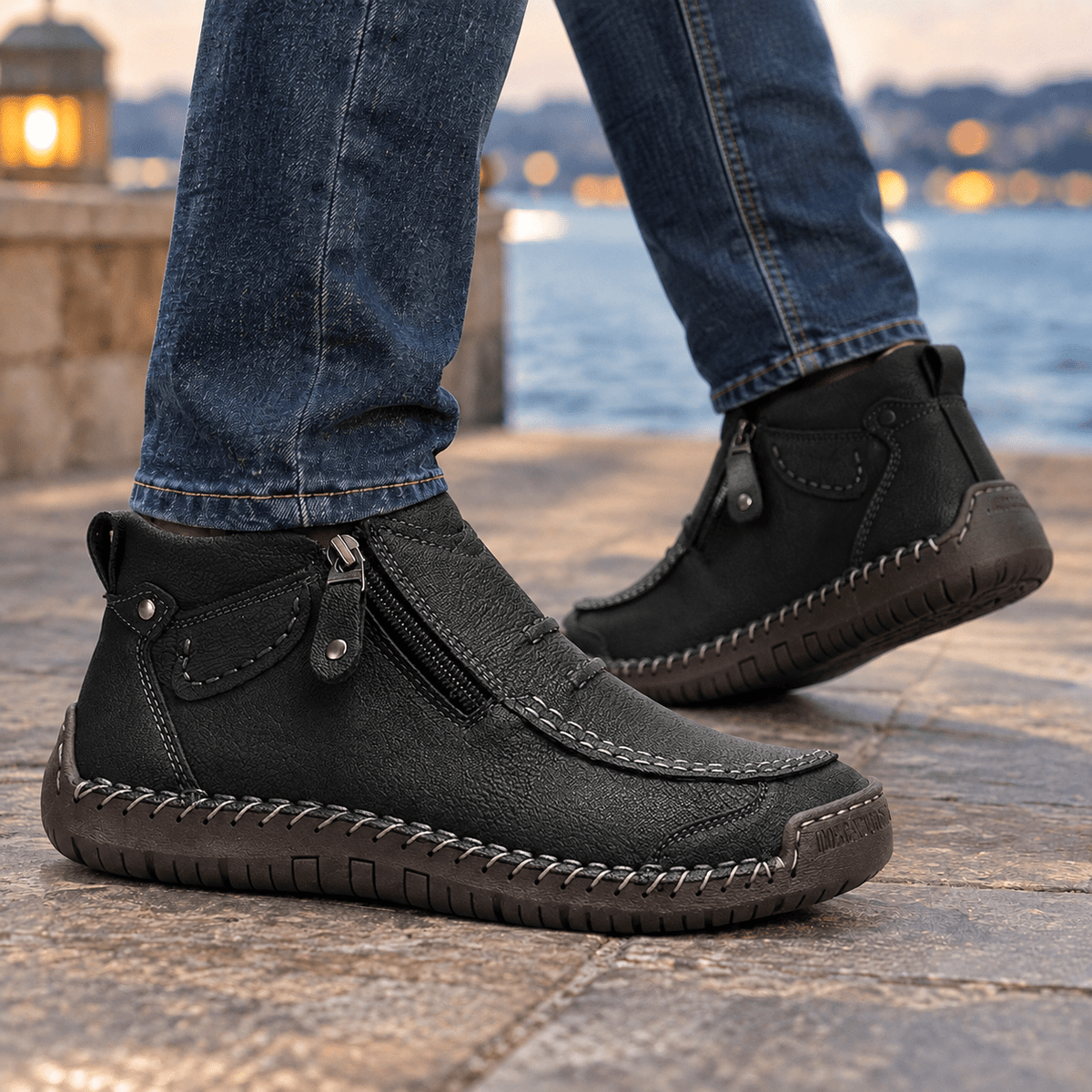 Textured Moc Toe Ankle Boots With Side Zips - Harren Cole